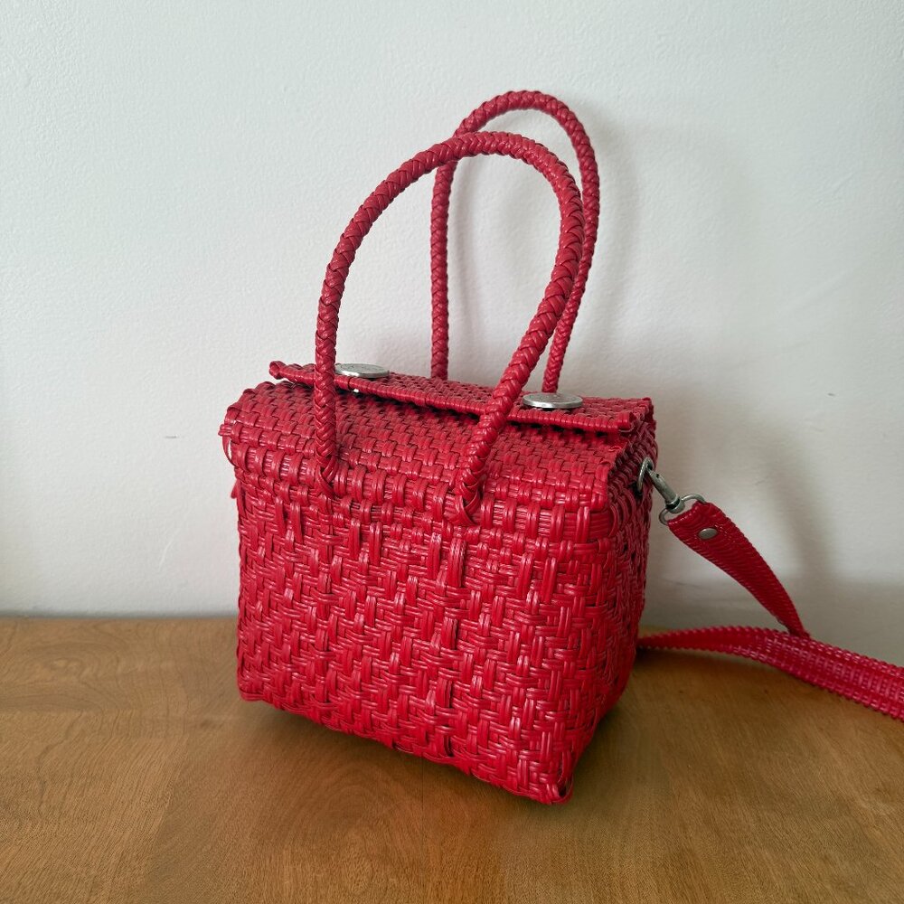 Red plastic woven basket bag purse with strap